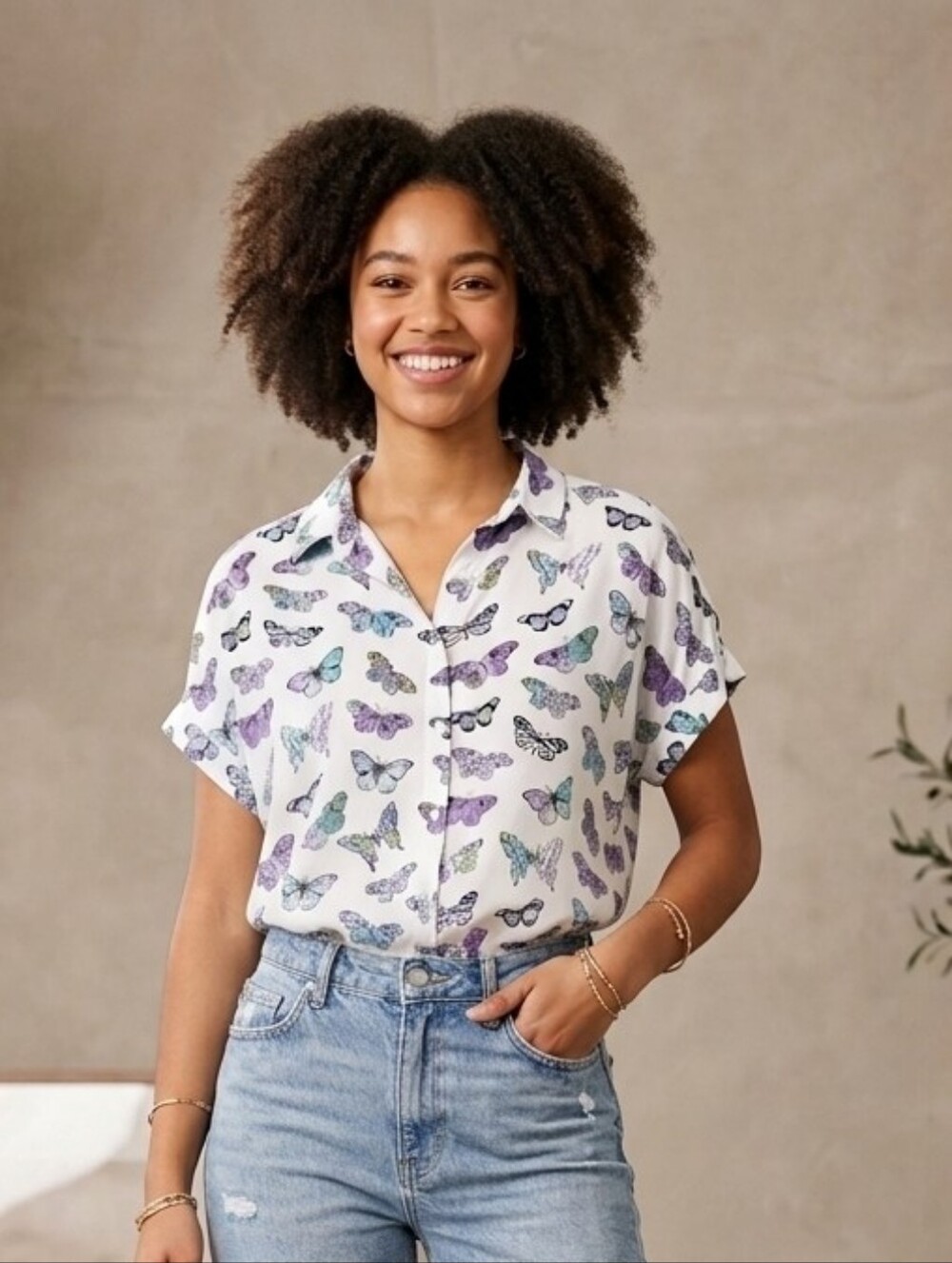 Jane + Delancey Butterfly Print Button Up Blouse White Teal Purple Size-Lg #116